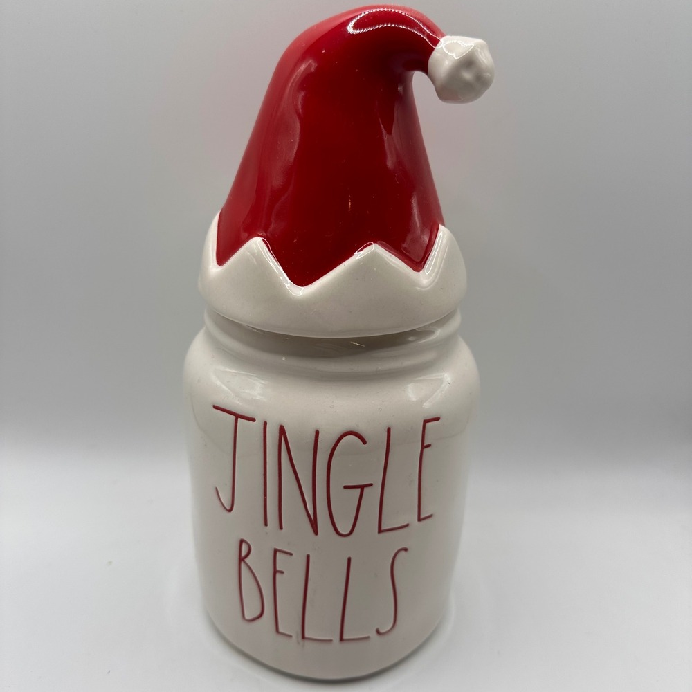 Rae Dunn Jingle Bells Christmas Canister with Santa Hat Lid Magenta Ceramic Jar
